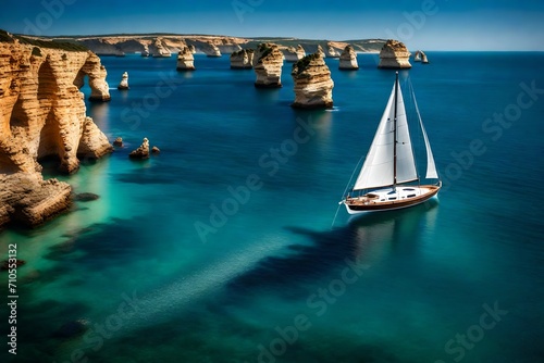 A lone sailboat peacefully gliding across the sparkling waters of the Algarve coastline.