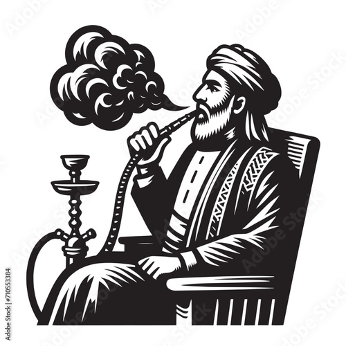 An elderly Arab man smoking a hookah. Oriental relaxation. Vintage outline illustration. Black icon, logo, label. isolated element. png	