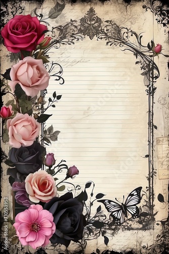 Scrapbooking frame, roses, butterfly