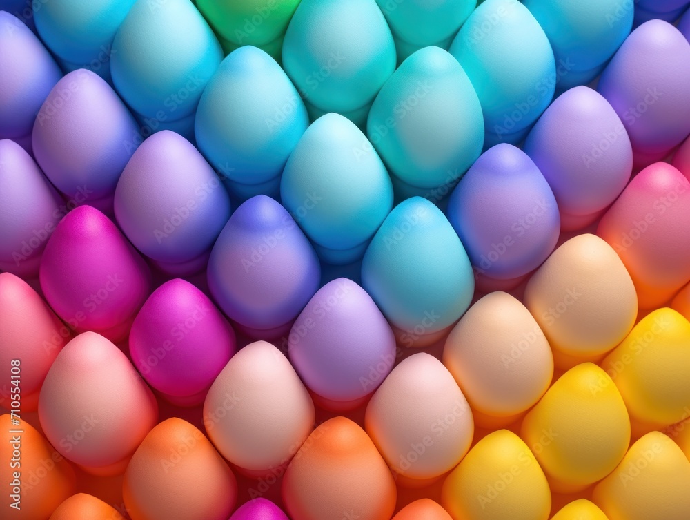 Rows of easter eggs in a seamless rainbow of colors create a captivating and colorful pattern