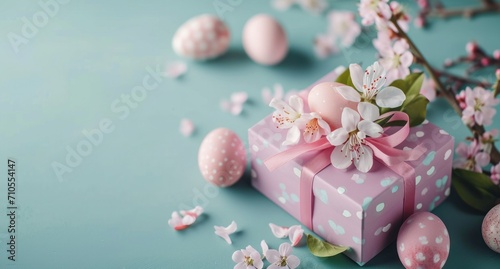 Elegant easter composition with patterned eggs and gift box adorned with spring blossoms