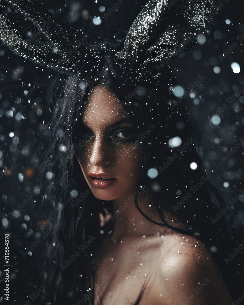 Dark dreamy portrait of a woman with shimmering black bunny ears amid a snow-like flurry