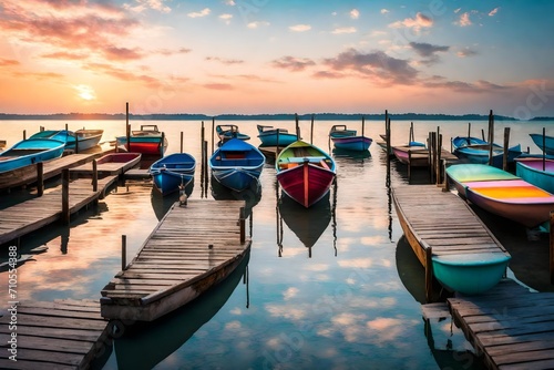 Fototapeta Naklejka Na Ścianę i Meble -  A wooden dock extending into the shimmering waters, adorned with colorful boats under a pastel sky.