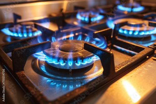 Dynamic heat source Gas stove burner glows with a vivid blue