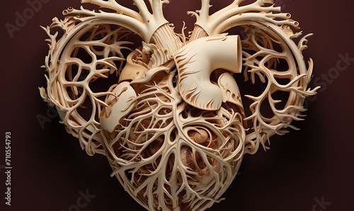 Detailed bone carving of a human heart, 3D digital art. Generative Ai

 photo