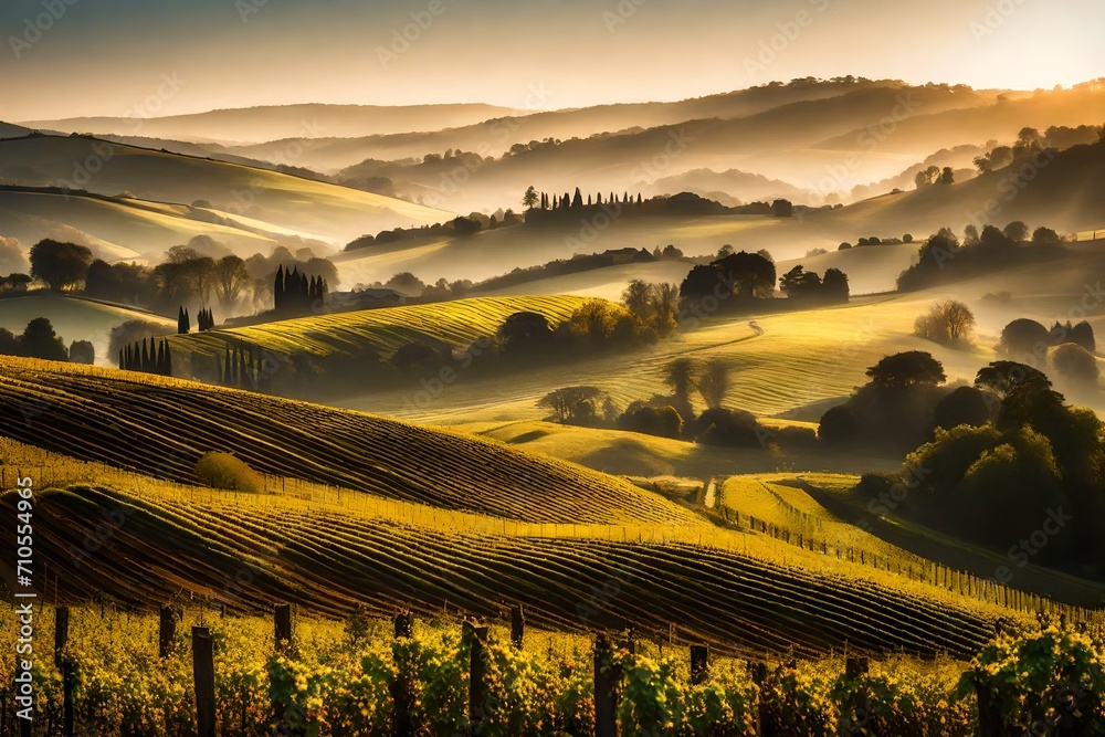A serene countryside scene with rolling hills and vineyards stretching as far as the eye can see.