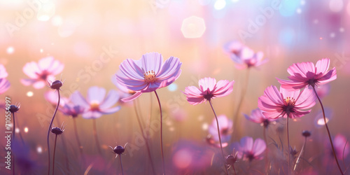 soft focus poppy flowers with bokeh glow light, beautiful wildflower blossom field landscape.
