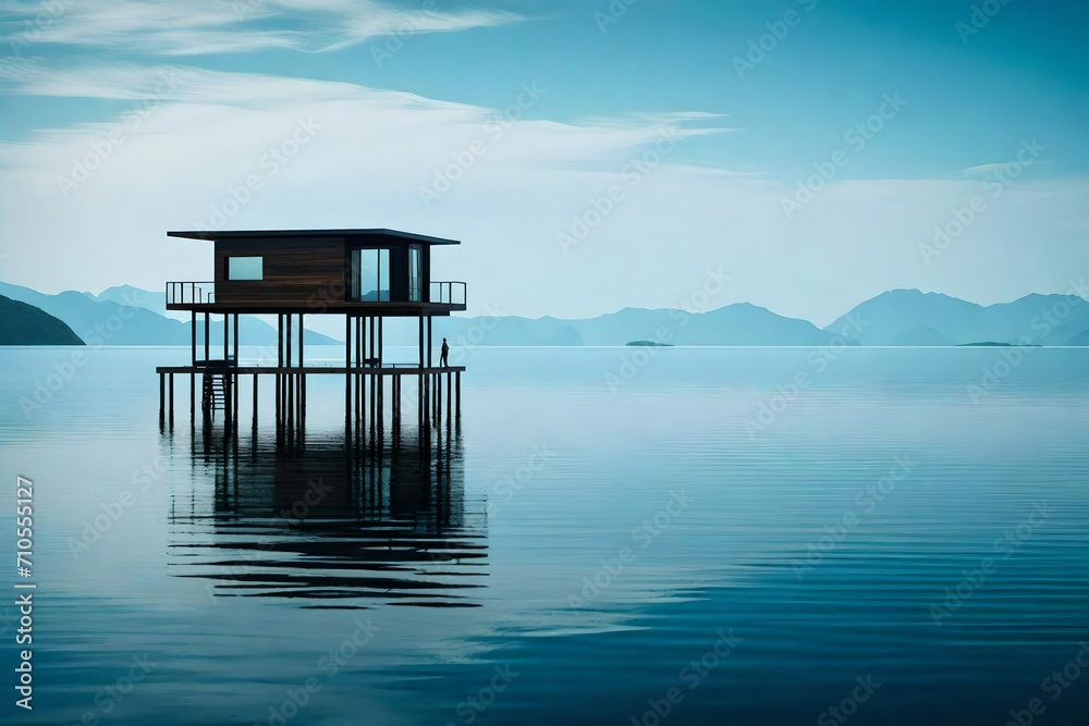 A solitary overwater home, delicately elevated on stilts, casting a clear reflection on the serene, glassy ocean, a scene exuding tranquility and isolation.