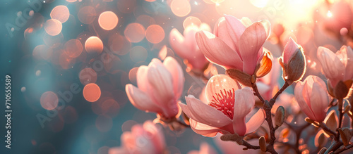 soft focus magnolia flowers with bokeh glitter glow light, beautiful wildflower blossom landscape, Generative Ai