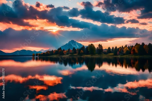 An idyllic Bavarian lake reflecting the colorful hues of the sky during a mesmerizing sunset.