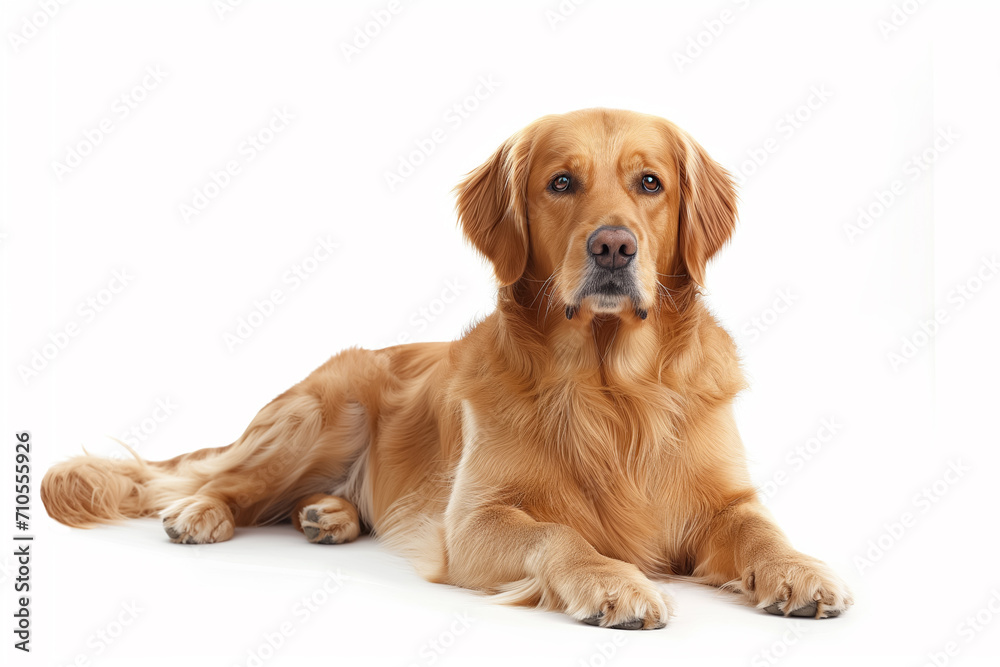 Beautiful adorable golden retriever breed dog lying with tongue out on white background.