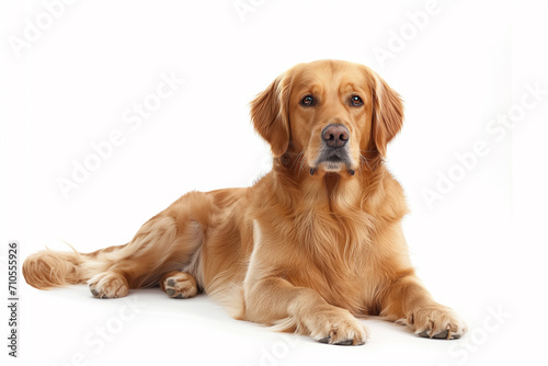 Beautiful adorable golden retriever breed dog lying with tongue out on white background. © alisluch
