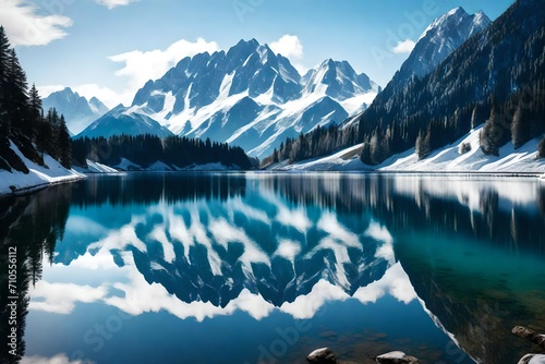 A tranquil Bavarian lake reflecting the majestic snow-capped peaks of the Alps on a clear day.