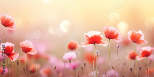 soft focus poppy flowers with bokeh glow light, beautiful wildflower blossom field landscape. © SAHURI