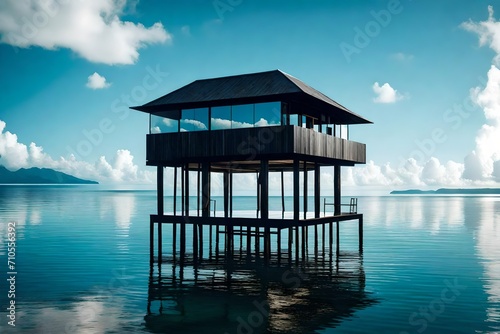 The lone overwater bungalow, perched elegantly on stilts, perfectly mirrored on the still, reflective surface of the ocean, an idyllic haven of tranquility.