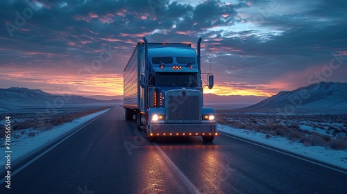 semi truck driving on the road free photoshooting, in the style of large canvas paintings, lifelike renderings, dark white and light white, 32k uhd, industrial materials, light yellow and light blue,  © Smilego