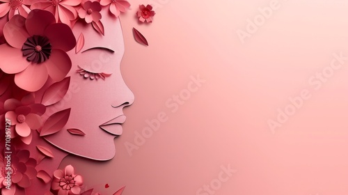 Illustration of Face and Flowers Style Paper Cut with Copy Space for International Women's Day © Artem