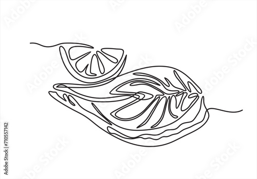 continuous one line vector drawing of piece of fish, salmon and lemon. Line art.
