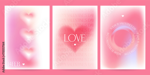 Y2k a4 banners set. Gradient pink love heart blurry elements. Valentine shapes. Unfocused Graphic aesthetic background. Blur figures. Retro romantic Vector design posters collection