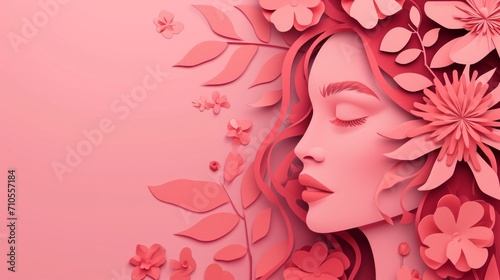 Illustration of Face and Flowers Style Paper Cut with Copy Space for International Women's Day