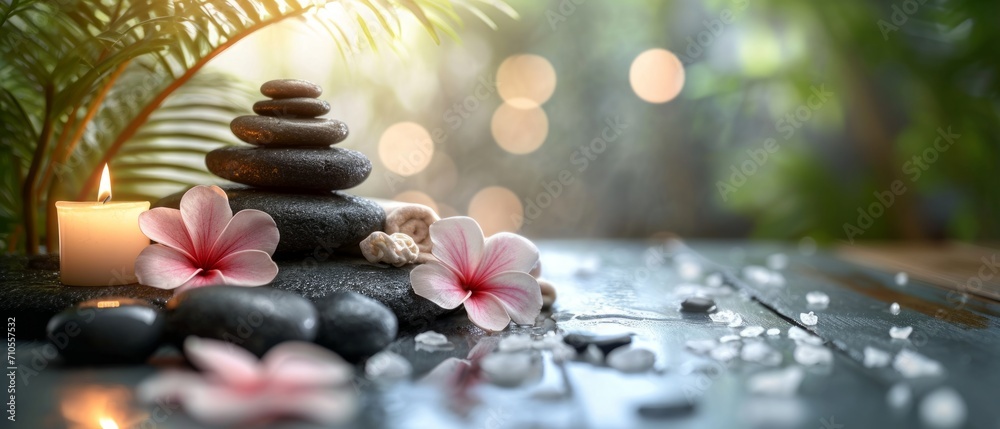 Spa treatments, massages, and calming spa environments supplies zen stones and water spa of deep relaxation and tranquility and with space for text concepts. spa background - obrazy, fototapety, plakaty 
