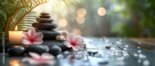Spa treatments, massages, and calming spa environments supplies zen stones and water spa of deep relaxation and tranquility and with space for text concepts. spa background photo