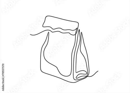 Paper bag in continuous line art drawing style. Lunch package minimalist black linear sketch isolated on white background. Vector illustration