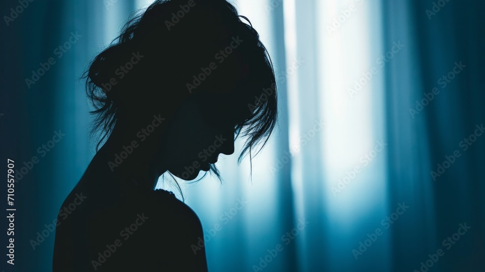 Silhouette of Woman Who Stressed Severely, Depression or Domestic Violence - obrazy, fototapety, plakaty 