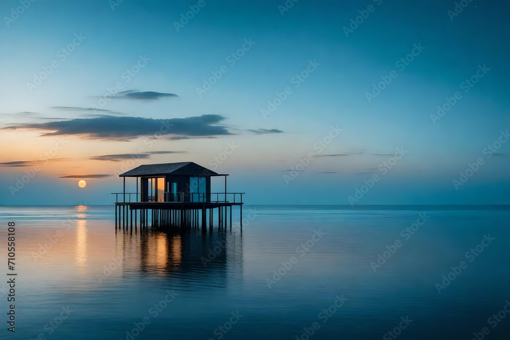 A solitary overwater dwelling standing gracefully on stilts, its reflection painting a masterpiece on the tranquil ocean's surface, capturing the breathtaking essence of twilight.