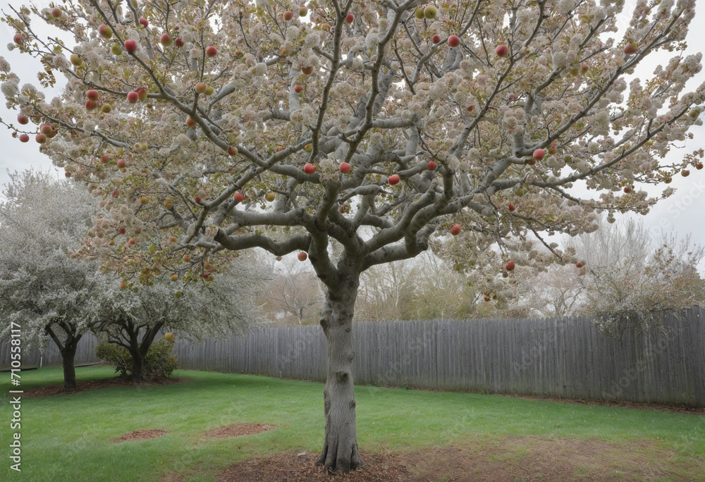 Fototapeta premium Pruning and painting fruit trees in the autumn garden