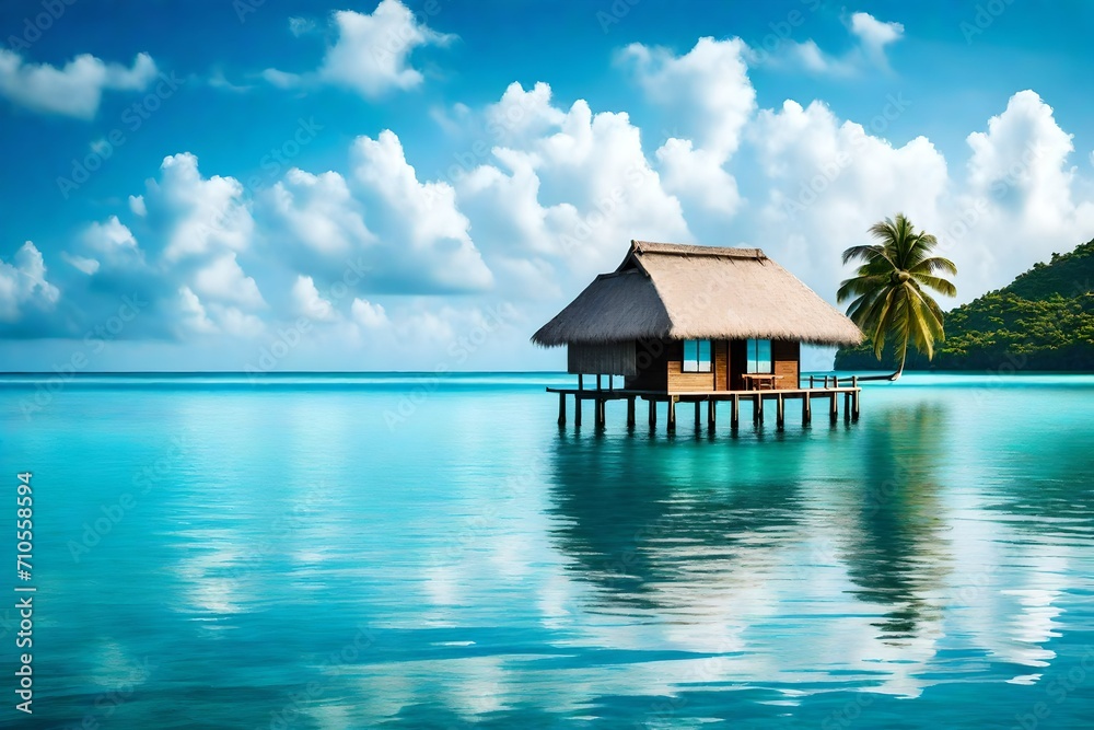 A solitary overwater bungalow, its thatched roof glinting in the sunlight, against the backdrop of a serene, azure sea. The reflection dances on the tranquil water, creating a mesmerizing scene.