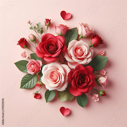Elevate the sentiment of love and celebration with this enchanting image featuring a bouquet of red and pink roses set against a light pink background. The delicate blossoms create a visually appealin