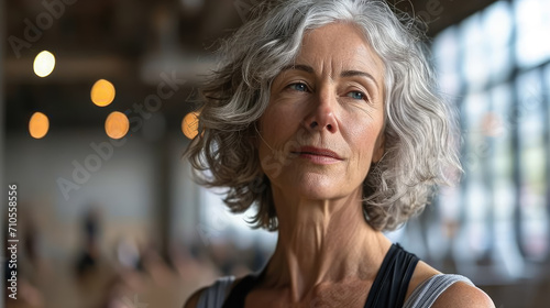 elderly gray-haired woman in sportswear at a yoga class, meditation, healthy lifestyle, old age, portrait, lady, sport, training, activity, wellness, hatha, Iyengar, mature person