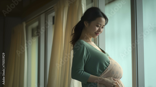 Asian pregnant woman rubbing her belly in the house.