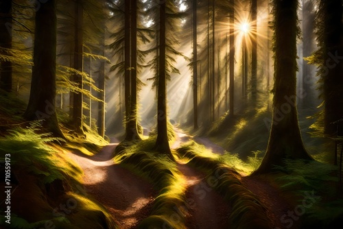 A narrow path winding through a dense Bavarian forest, illuminated by soft rays of sunlight.