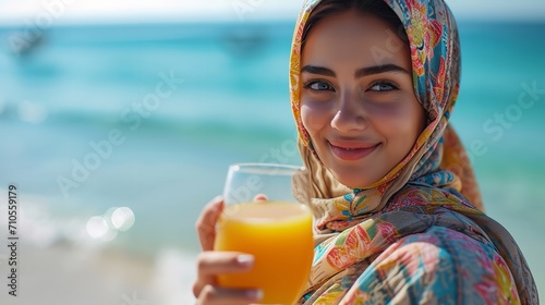 A big copy space with Muslim woman enjoying summer juice near sea shore, Generative AI.