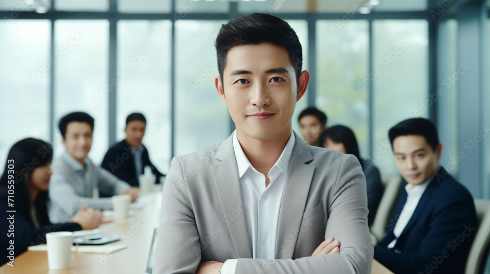 A young Asian businessman is posing confidently in a conference room. A young Asian businessman is posing confidently in a conference room.