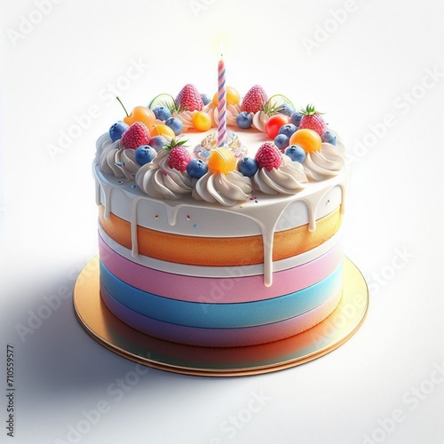 an illustrative masterpiece showcasing a birthday cake with a clean white background, creating a visually appealing and modern touch
