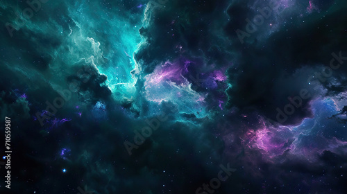 Nebula Nexus with Celestial Beings: A convergence of cosmic clouds and celestial bodies in nebulaic shades of teal and violet, featuring celestial beings or portraits of people