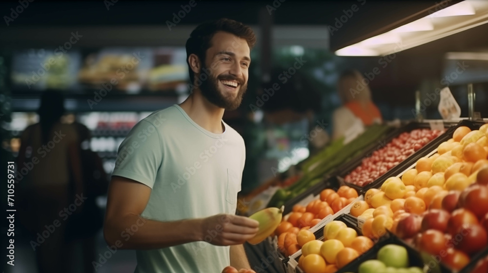 A Caucasian man is buying fruits and vegetables in the mall.