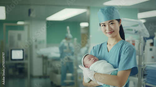 Asian female nurse holds newborn baby in hospital.