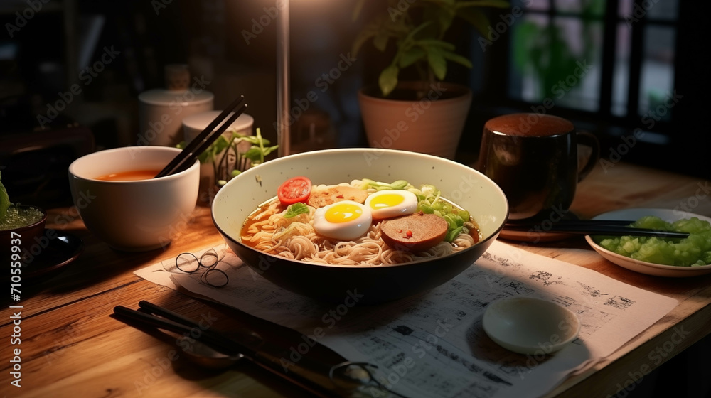 Ramen is placed on a wooden table in the kitchen. Ramen is placed on a wooden table in the kitchen.