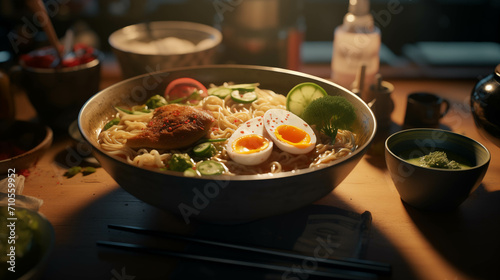 Ramen is placed on a wooden table in the kitchen.