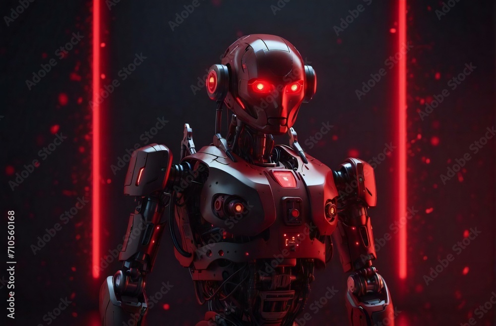 Medium AI robot with red hologram background in dark sound Medium AI robot with red hologram background in dark sound