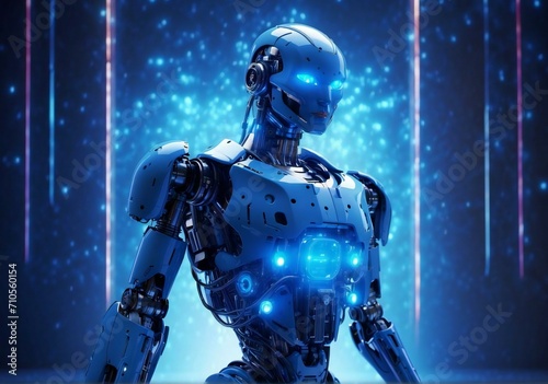 Medium AI robot with blue hologram background in dark background