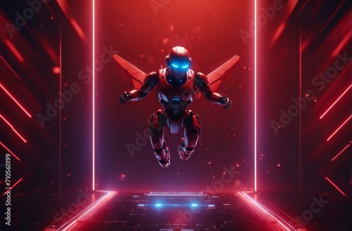 Medium AI robot with red hologram background in dark sound