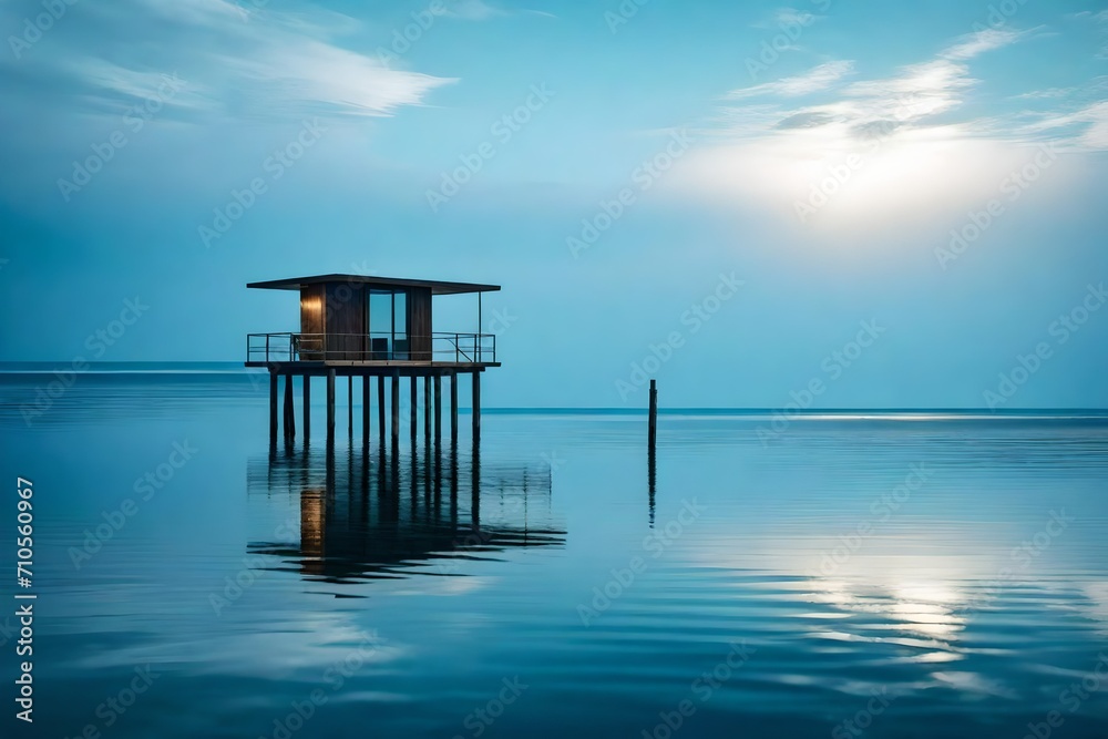 A serene overwater dwelling, its stilts casting a seamless reflection on the tranquil, mirror-like ocean surface, capturing the essence of peaceful solitude.