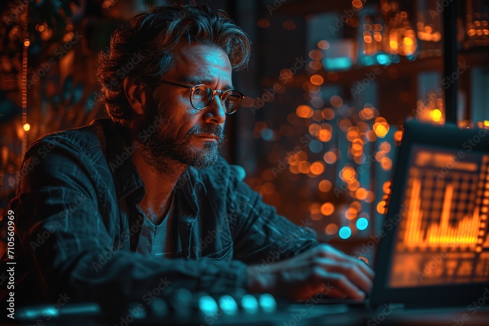 the businessman is using his laptop and looking at a graph with data, 21st century, collecting and modes of display, lightbox, techpunk the businessman is using his laptop and looking at a graph with data, 21st century, collecting and modes of display, lightbox, techpunk