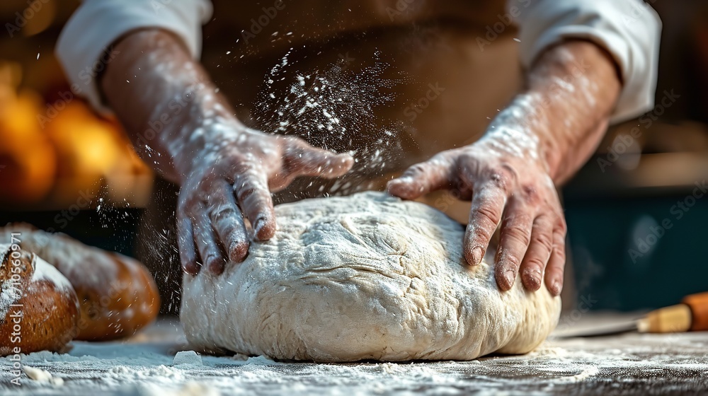 Kneading dough for handmade bread by bakers' hands, copy space, Generative AI.