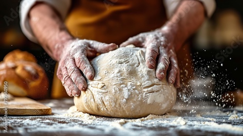 Kneading dough for handmade bread by bakers' hands, copy space, Generative AI.